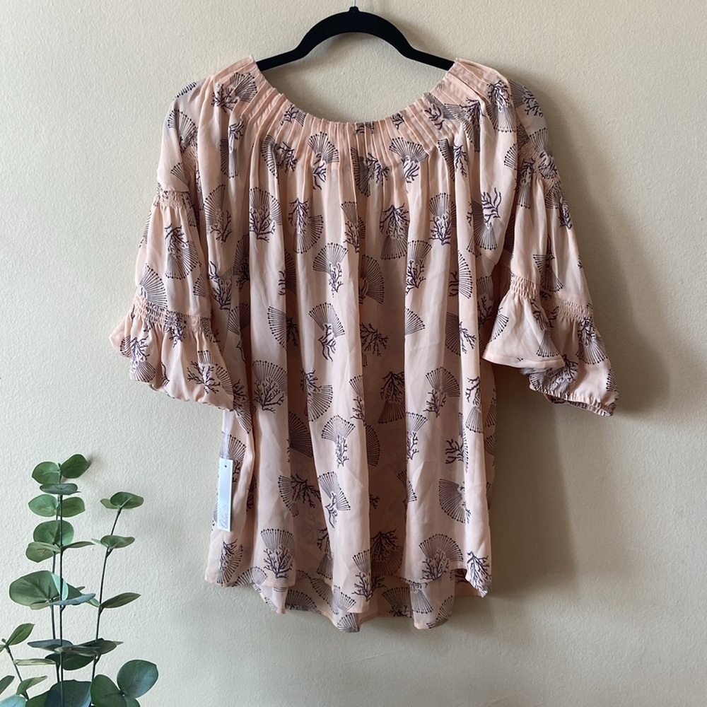 Chelsea28 Pink Coral Print Peasant Blouse Ruffle Sleeve Boho Top NWT Small - Picture 8 of 8
